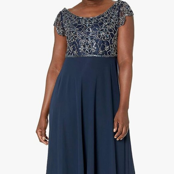J Kara Women's Petite Floral Beaded Bodice Gown 10P Navy Color NEW - Picture 1 of 3